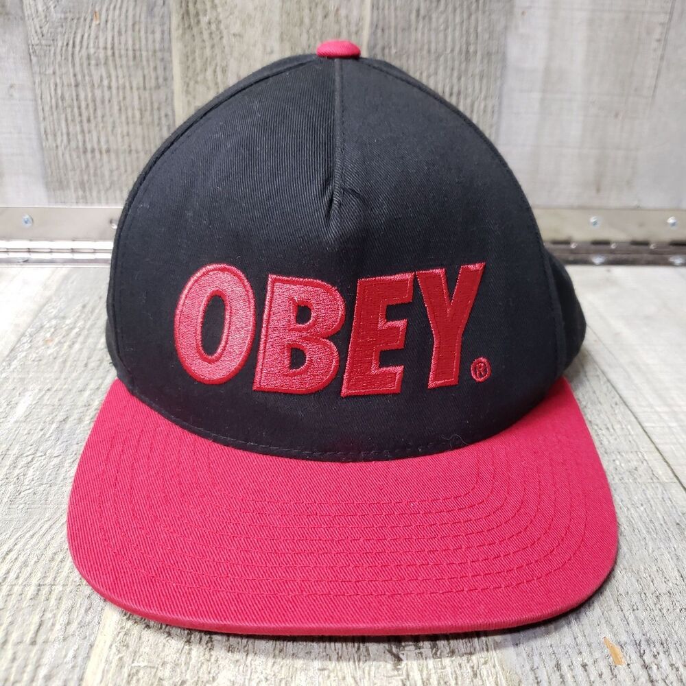 OBEY Hat Baseball Cap Snapback Black Red Bill Logo Canvas